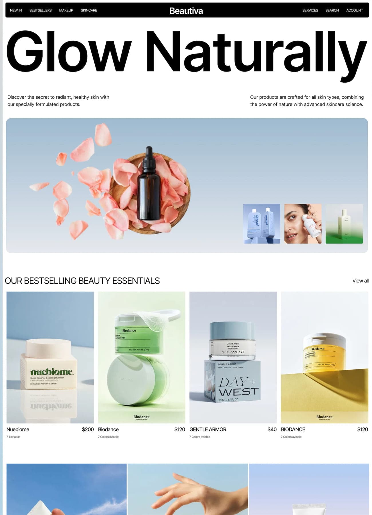 A skincare store homepage headlined 'Glow naturally', with a product hero and a row of bestselling products.