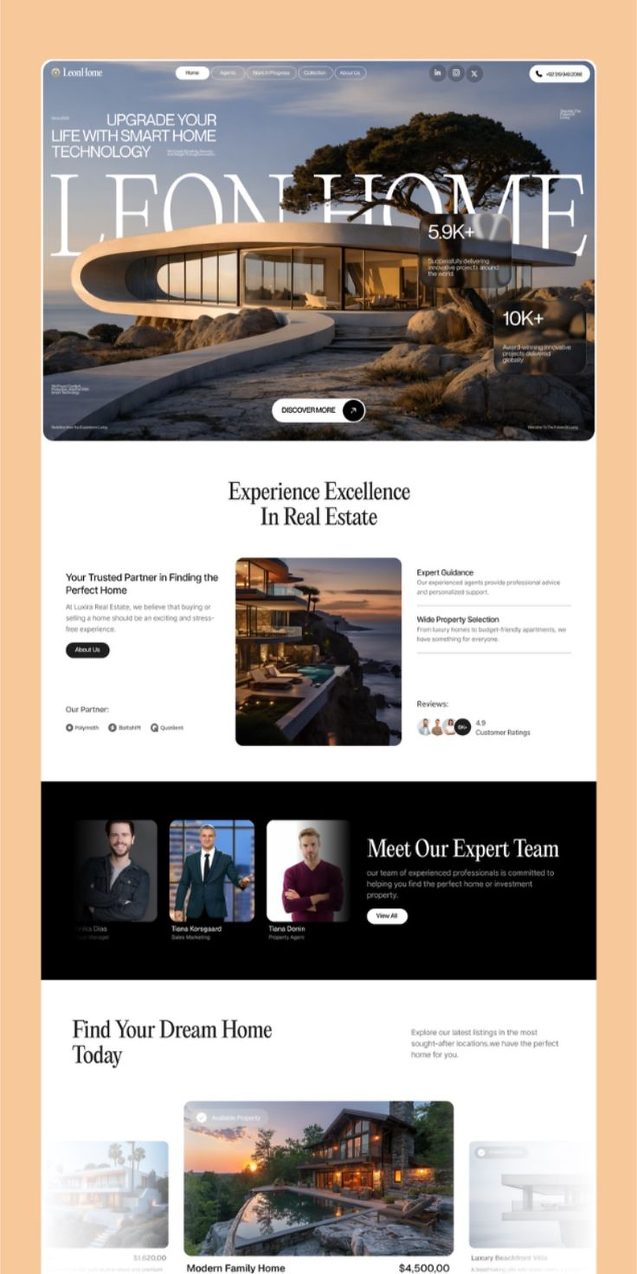 Leon Home real-estate website: luxury villa hero with 'Upgrade your life with smart home technology', team section and property listings.