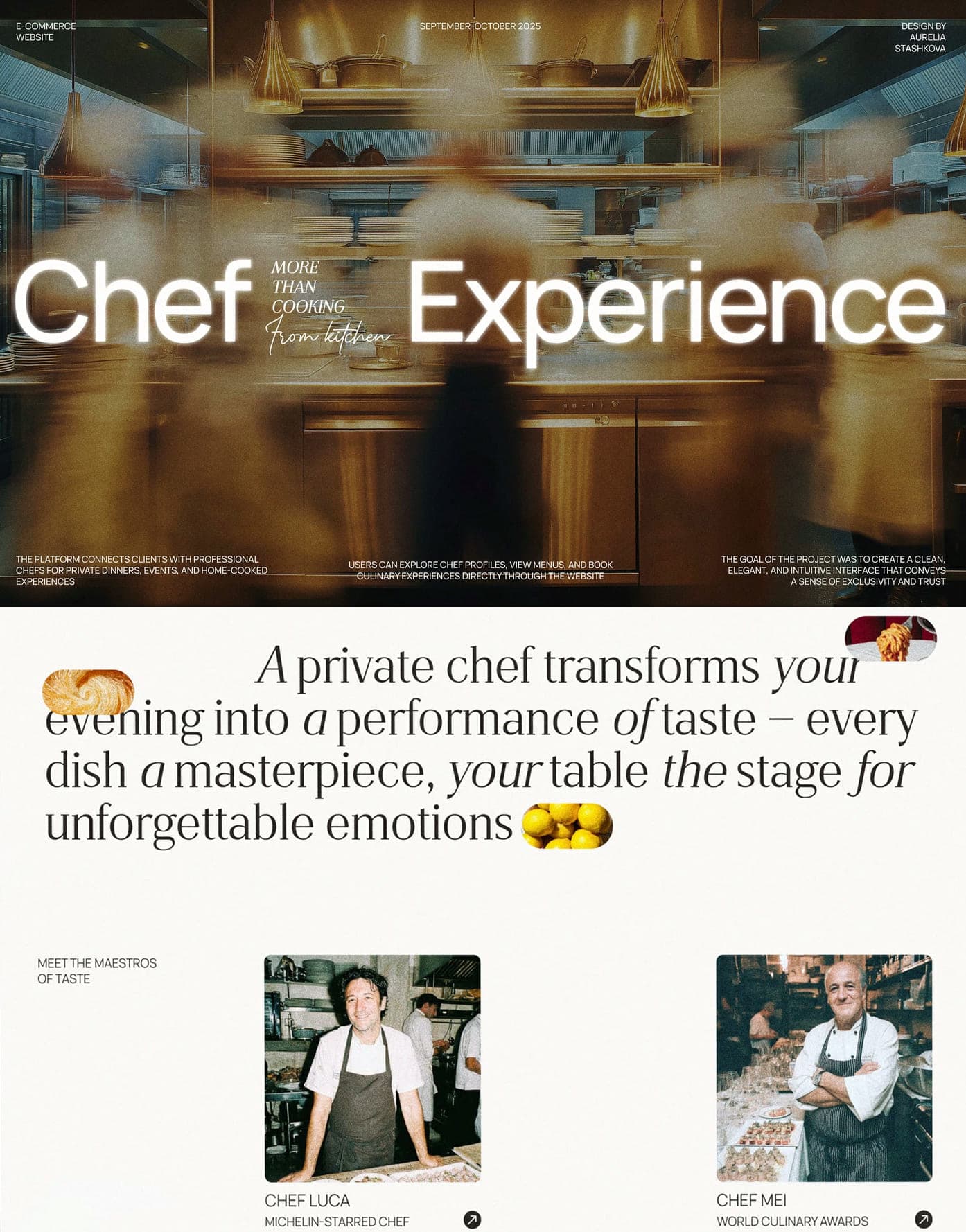A private chef website: a blurred kitchen scene behind the Chef Experience wordmark, then an introduction and profiles of the chefs.