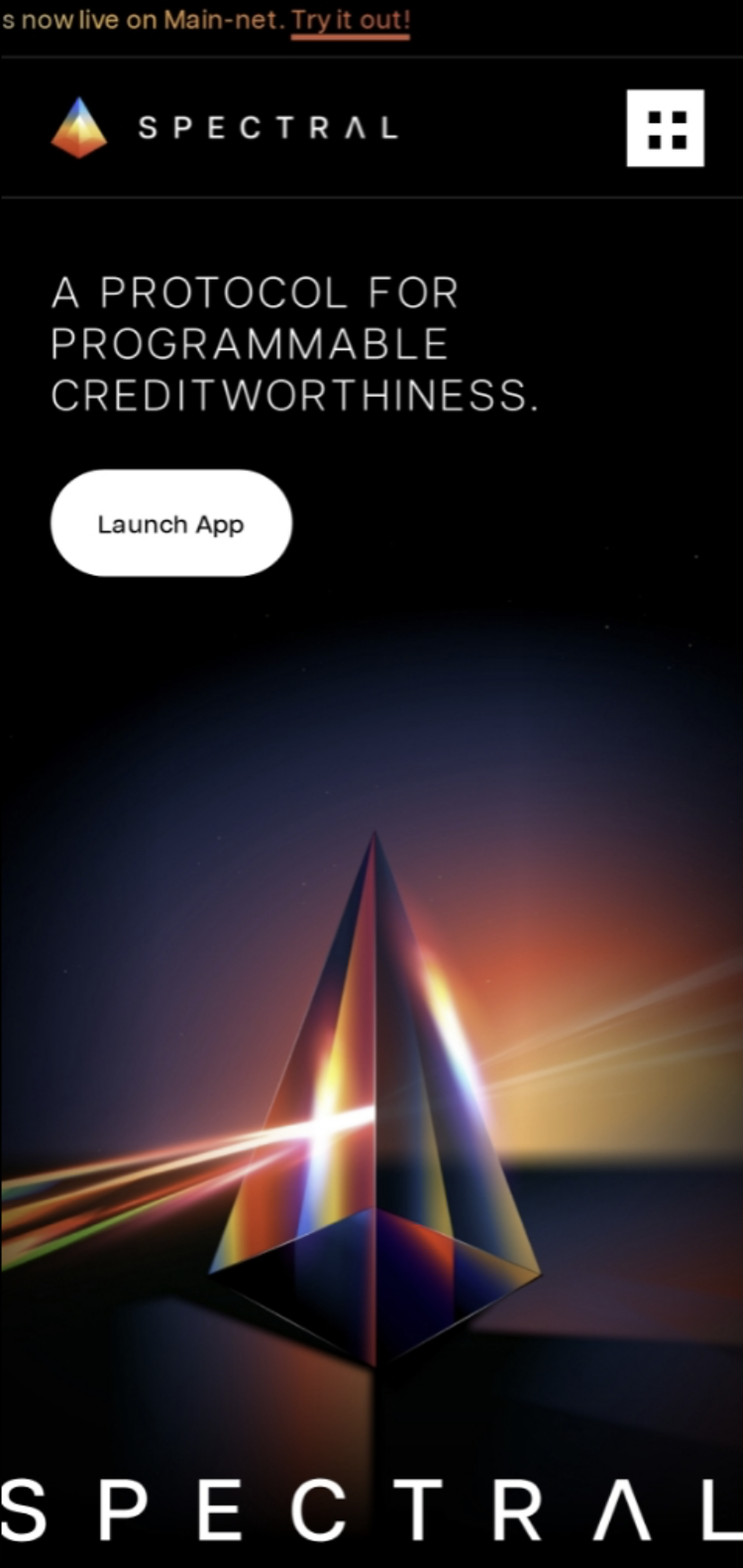 Spectral protocol website on mobile: bold headline 'A protocol for programmable creditworthiness' over a crystalline prism on a dark background.