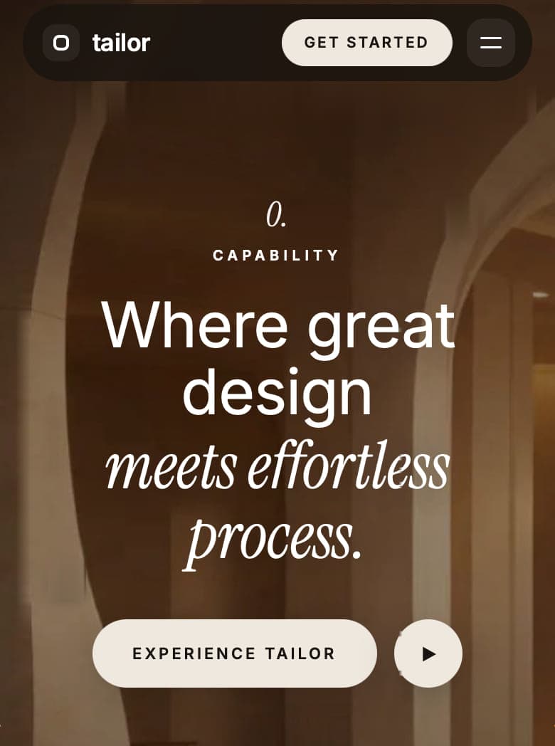 A tailor interior-design platform on mobile, headlined 'Where great design meets effortless process' over a photograph of an arched hallway.