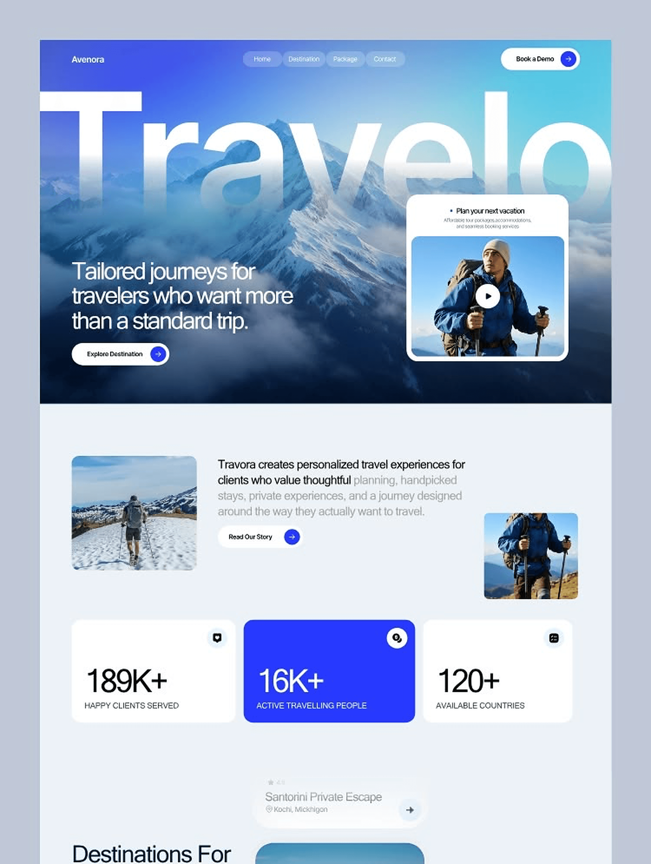 Travelo travel-agency landing page: mountain panorama hero with 'Tailored journeys for travelers who want more', stats strip and destination cards.